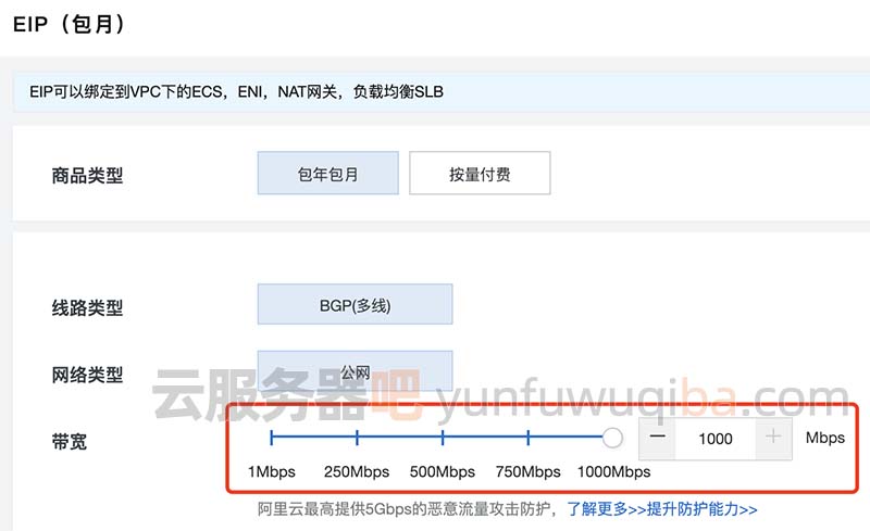 阿里云弹性公网IP最大带宽1000Mbps