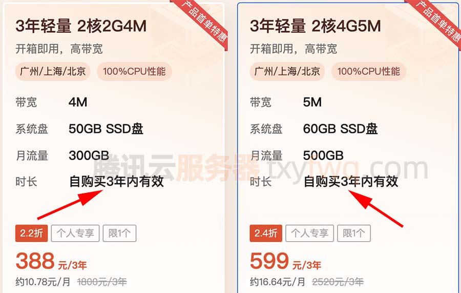 腾讯云轻量应用服务器三年优惠价