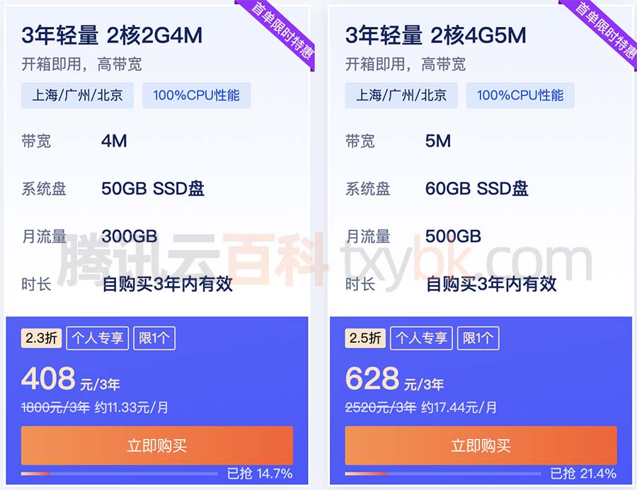 腾讯云2核4G5M轻量服务器三年优惠价格