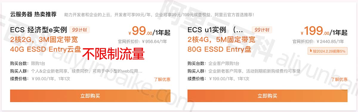 阿里云服务器ECS经济型e实例不限制流量